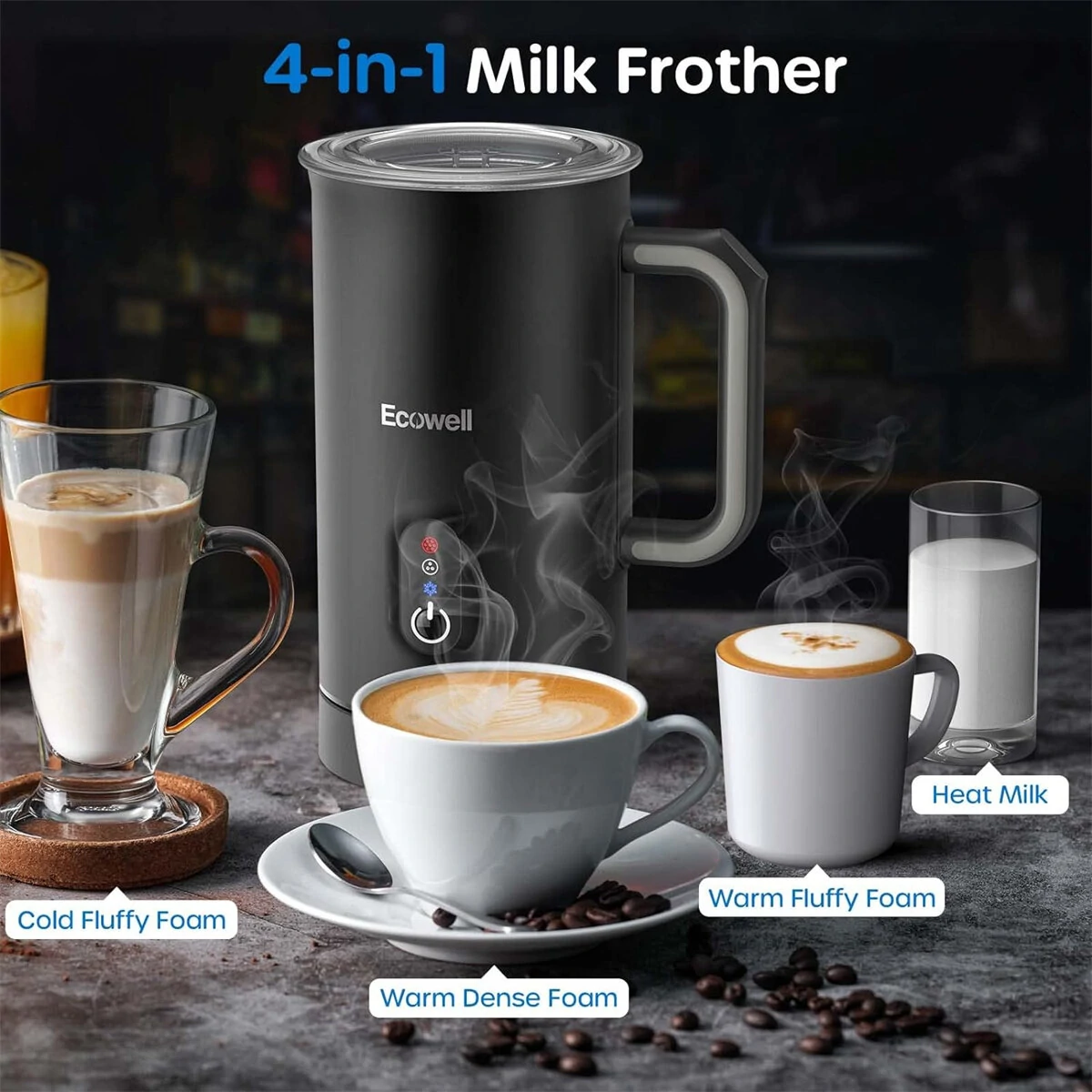 (image for) [US Direct] ECOWELL Milk Frother, Frother for Coffee 4 In 1, Milk Steamer Warm and Cold Foam Frother, Milk Steamer and Frother for Latte, Macchiato, Cappuccinos Silent Working 8.1oz/240 ml WM